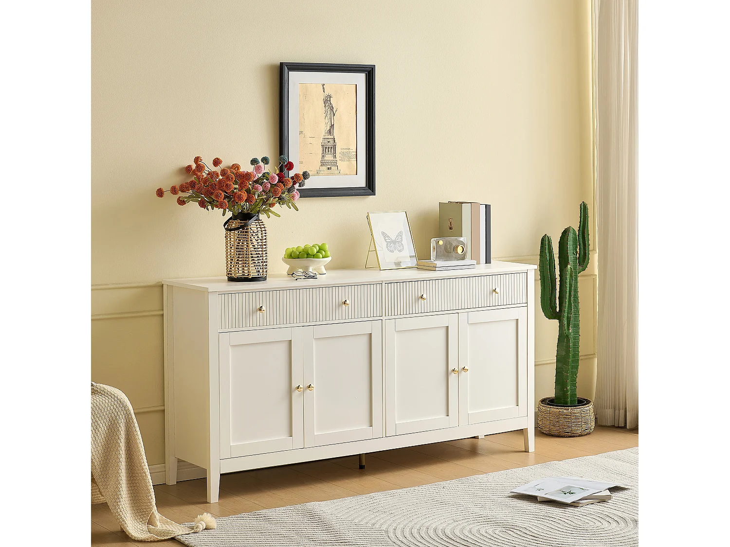 Sideboard mit 2 Schubladen und 4 Türen – goldene Griffe – für Küche/Esszimmer/Wohnzimmer – MDF – weiß