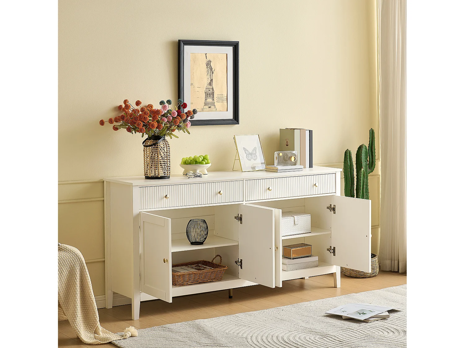 Sideboard mit 2 Schubladen und 4 Türen – goldene Griffe – für Küche/Esszimmer/Wohnzimmer – MDF – weiß