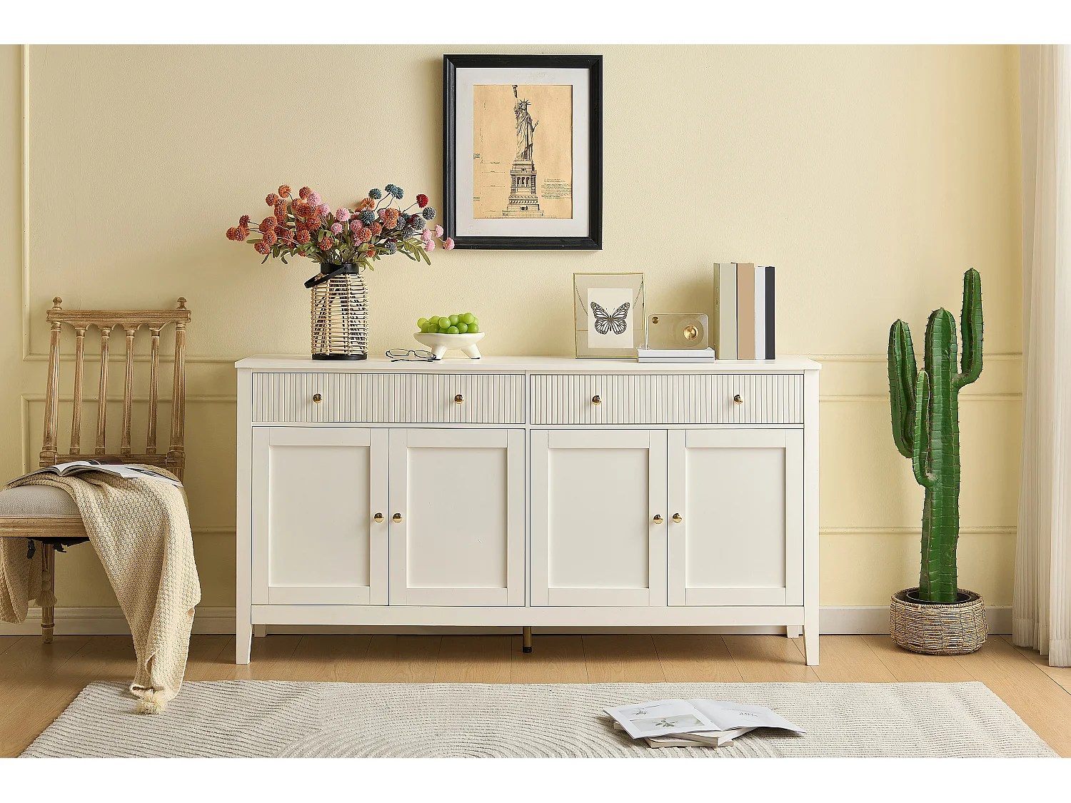 Sideboard mit 2 Schubladen und 4 Türen – goldene Griffe – für Küche/Esszimmer/Wohnzimmer – MDF – weiß