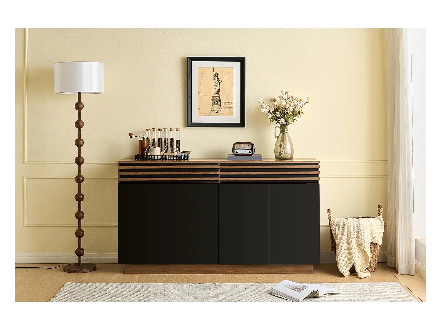 Buffet aspect bois avec 2 tiroirs et 4 portes - poursalon/salle à manger/cuisine - 150 x 40 x 85 cm - MDF - noir + marron