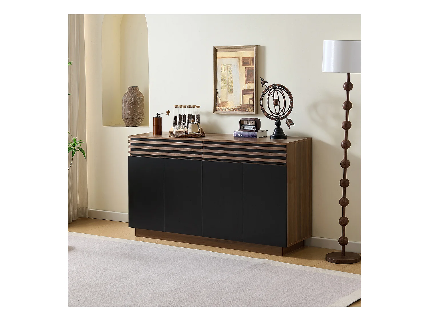 Buffet aspect bois avec 2 tiroirs et 4 portes - poursalon/salle à manger/cuisine - 150 x 40 x 85 cm - MDF - noir + marron