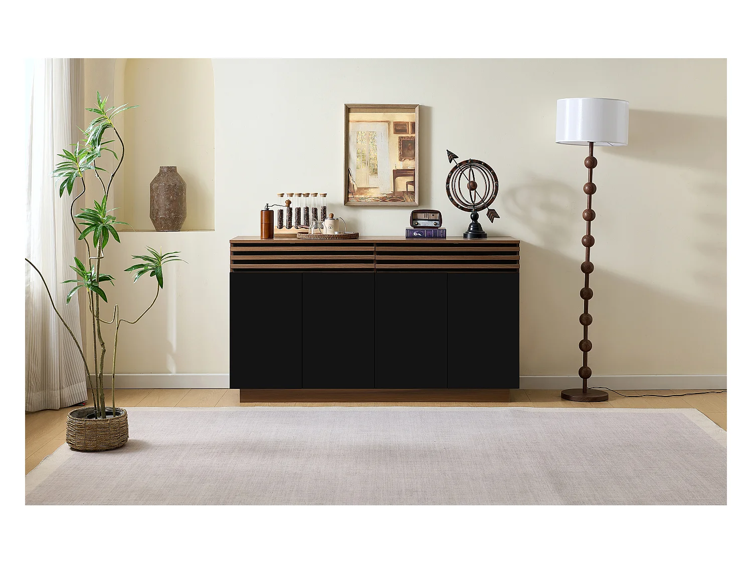 Buffet aspect bois avec 2 tiroirs et 4 portes - poursalon/salle à manger/cuisine - 150 x 40 x 85 cm - MDF - noir + marron