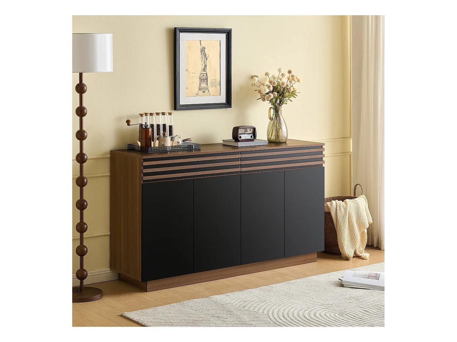 Buffet aspect bois avec 2 tiroirs et 4 portes - poursalon/salle à manger/cuisine - 150 x 40 x 85 cm - MDF - noir + marron