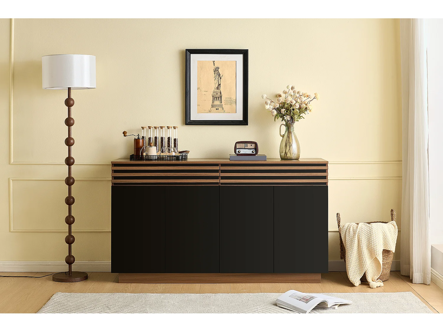 Aparador efecto madera con 2 cajones y 4 puertas - para salón/comedor/cocina - 150 x 40 x 85 cm - MDF - negro + marrón