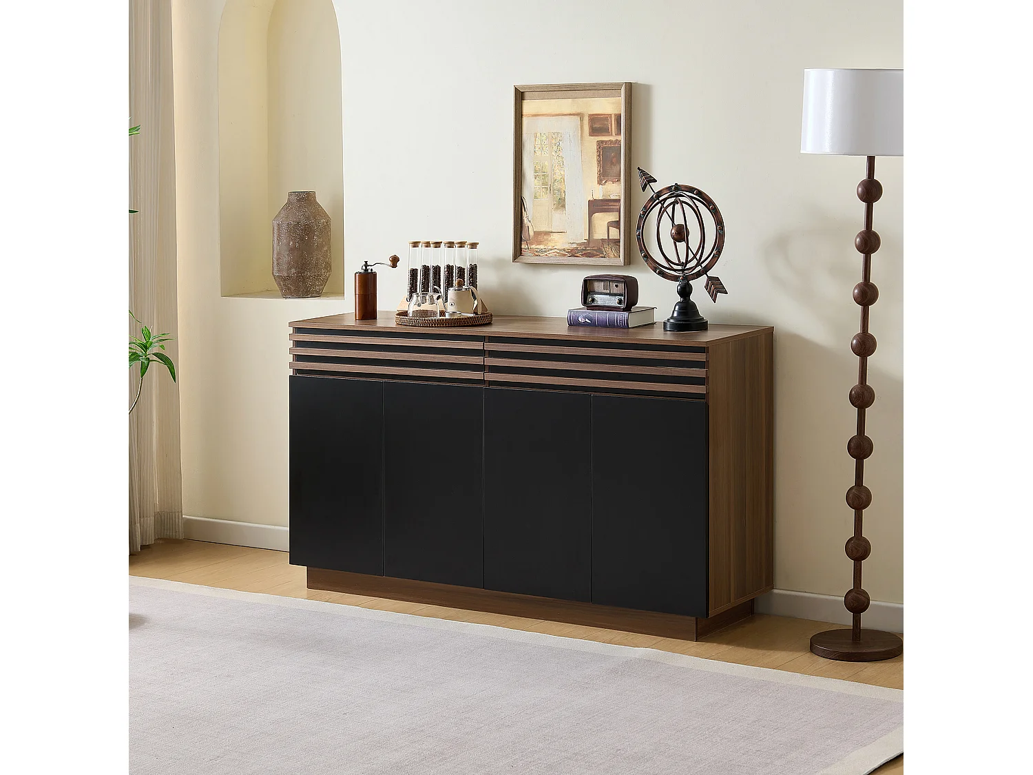 Aparador efecto madera con 2 cajones y 4 puertas - para salón/comedor/cocina - 150 x 40 x 85 cm - MDF - negro + marrón