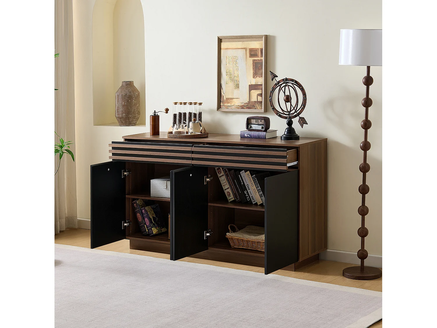 Aparador efecto madera con 2 cajones y 4 puertas - para salón/comedor/cocina - 150 x 40 x 85 cm - MDF - negro + marrón