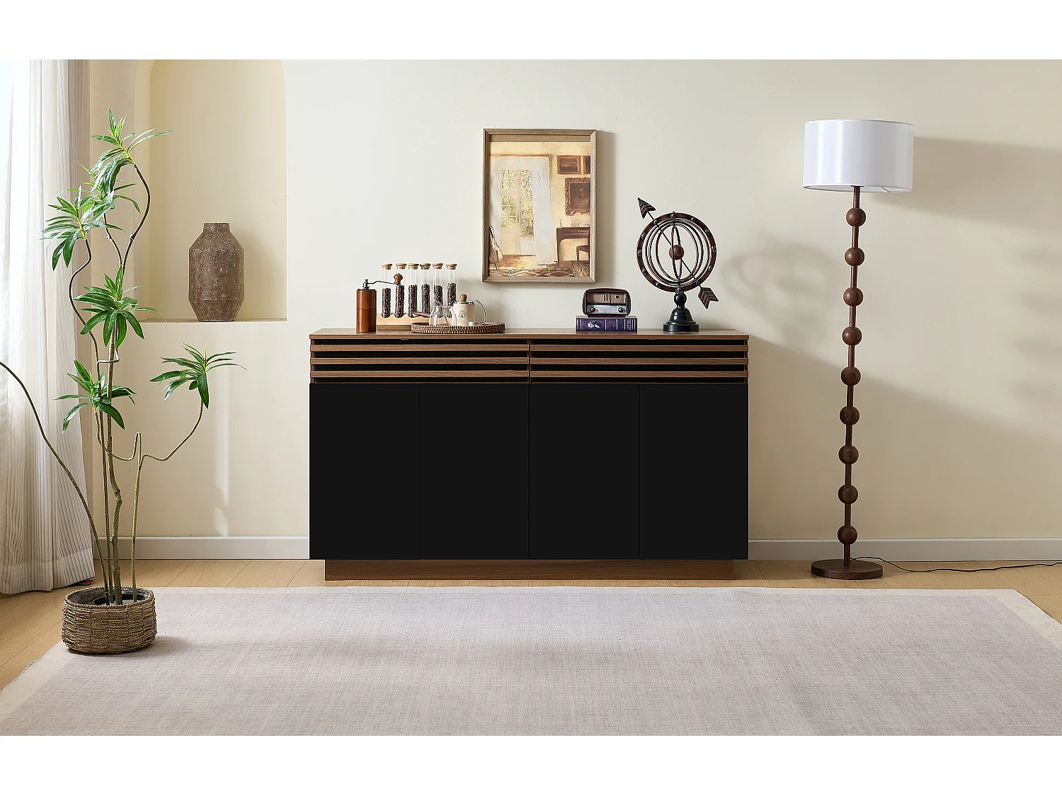 Aparador efecto madera con 2 cajones y 4 puertas - para salón/comedor/cocina - 150 x 40 x 85 cm - MDF - negro + marrón