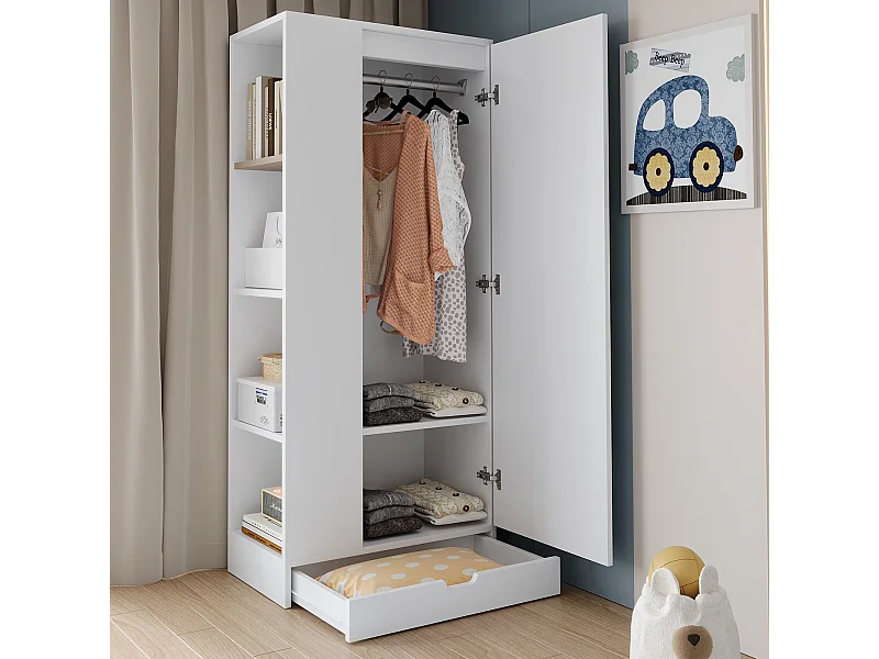 Guarda-roupa com 1 porta + prateleiras de arrumação + 1 gaveta - 70 x 40 x 170 cm - madeira - branco