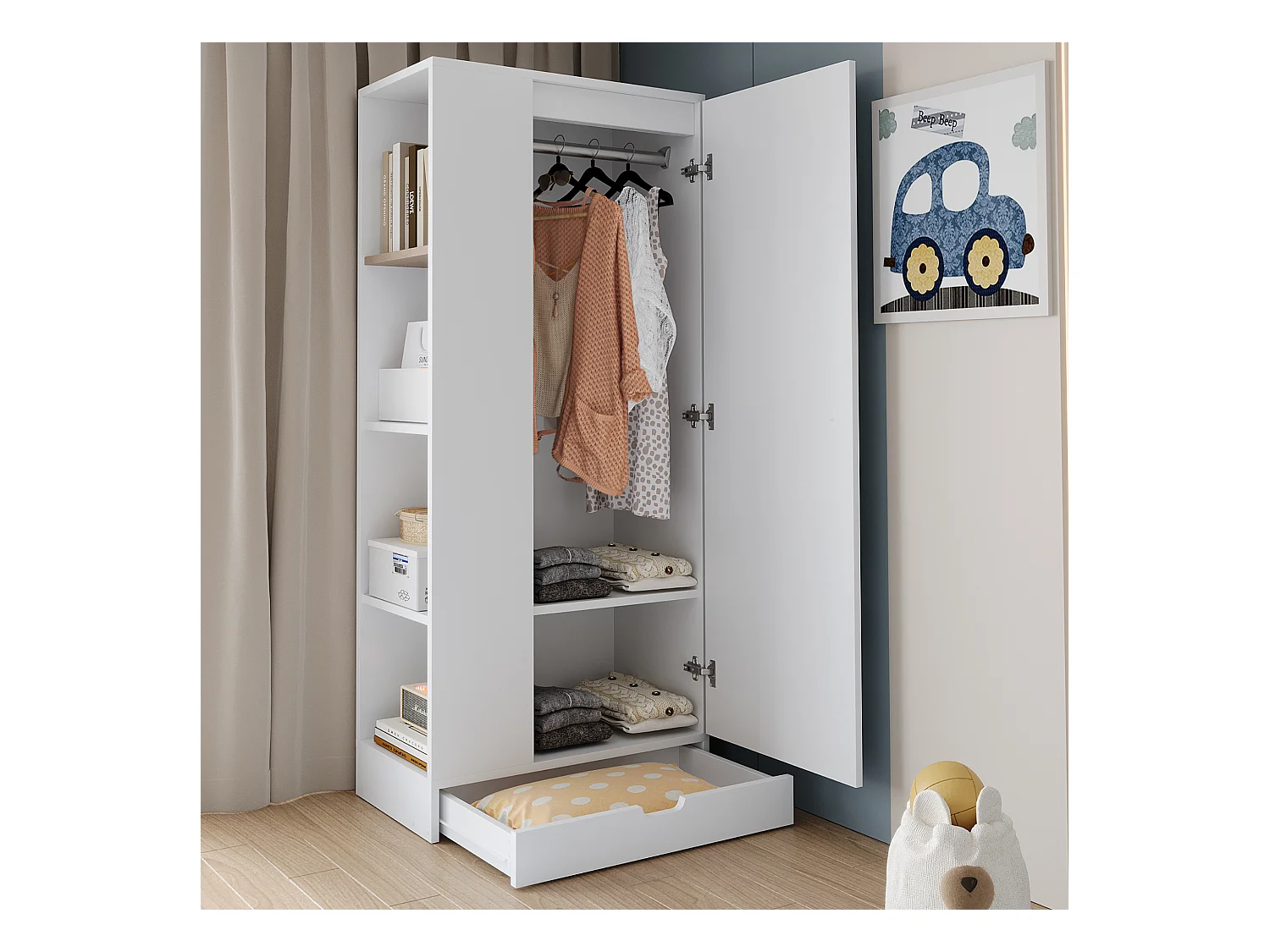 Armoire avec 1 porte + étagères de rangement + 1 tiroir - 70 x 40 x 170 cm - bois - blanc
