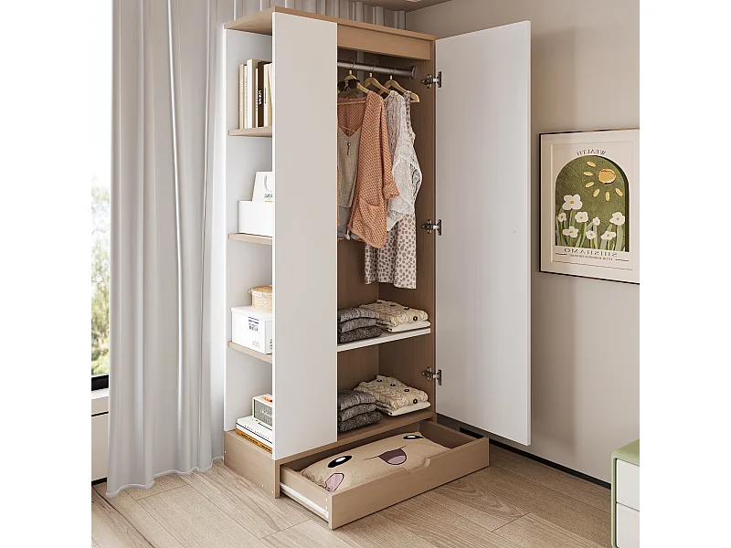 Armoire avec 1 porte + étagères de rangement + 1 tiroir - 70 x 40 x 170 cm - bois - blanc + naturel