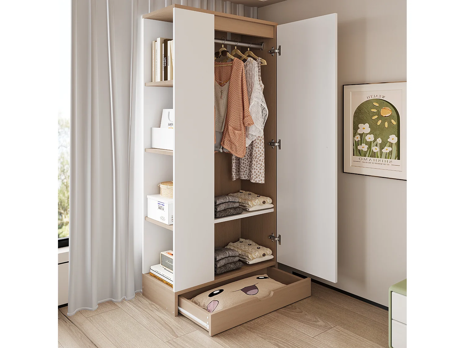 Guarda-roupa com 1 porta + prateleiras de arrumação + 1 gaveta - 70 x 40 x 170 cm - madeira - branco + natural