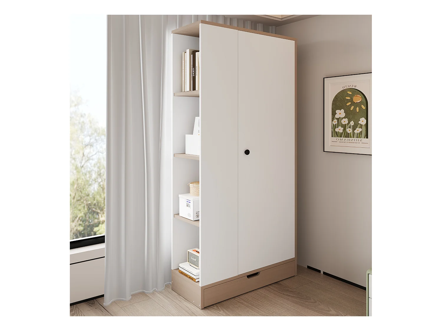 Guarda-roupa com 1 porta + prateleiras de arrumação + 1 gaveta - 70 x 40 x 170 cm - madeira - branco + natural