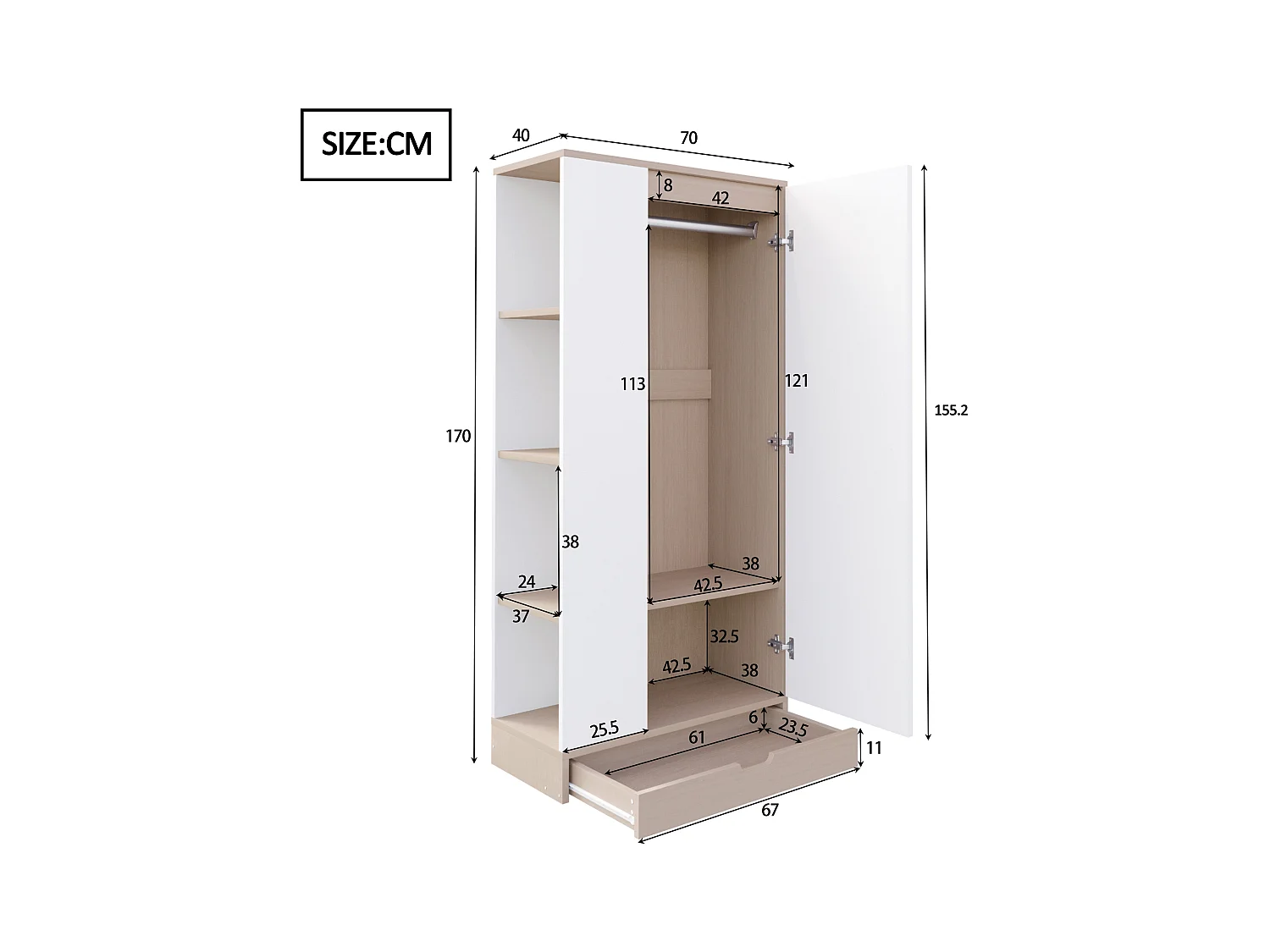 Guarda-roupa com 1 porta + prateleiras de arrumação + 1 gaveta - 70 x 40 x 170 cm - madeira - branco + natural