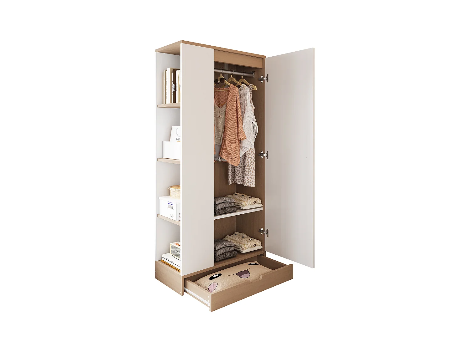 Guarda-roupa com 1 porta + prateleiras de arrumação + 1 gaveta - 70 x 40 x 170 cm - madeira - branco + natural