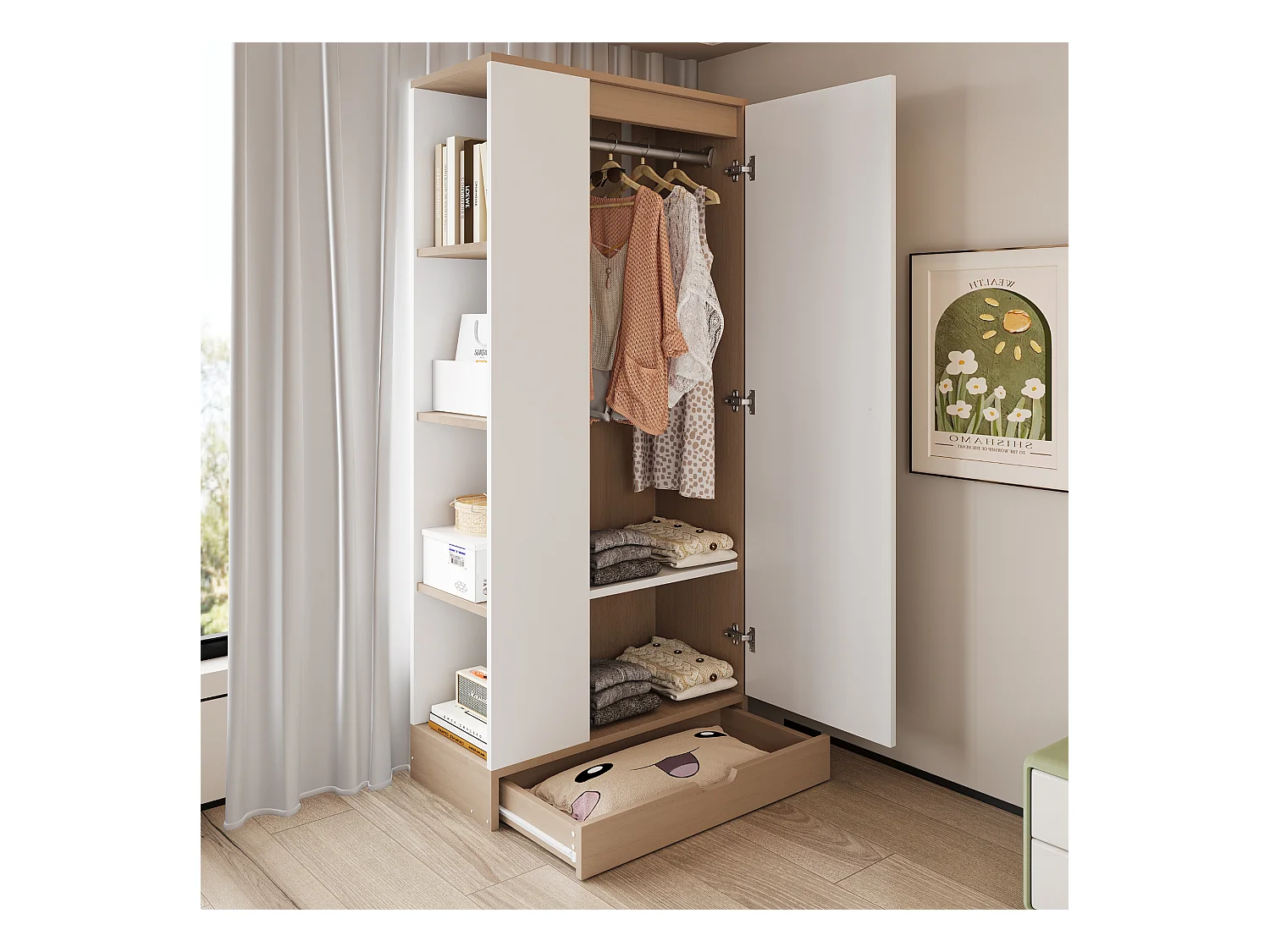Armoire avec 1 porte + étagères de rangement + 1 tiroir - 70 x 40 x 170 cm - bois - blanc + naturel
