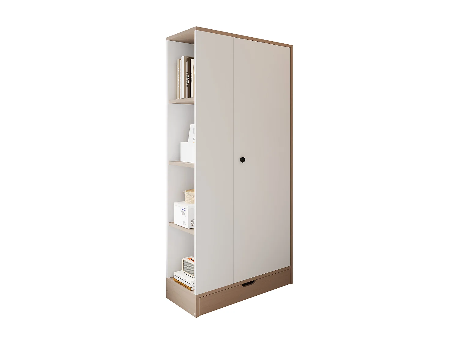 Armoire avec 1 porte + étagères de rangement + 1 tiroir - 70 x 40 x 170 cm - bois - blanc + naturel