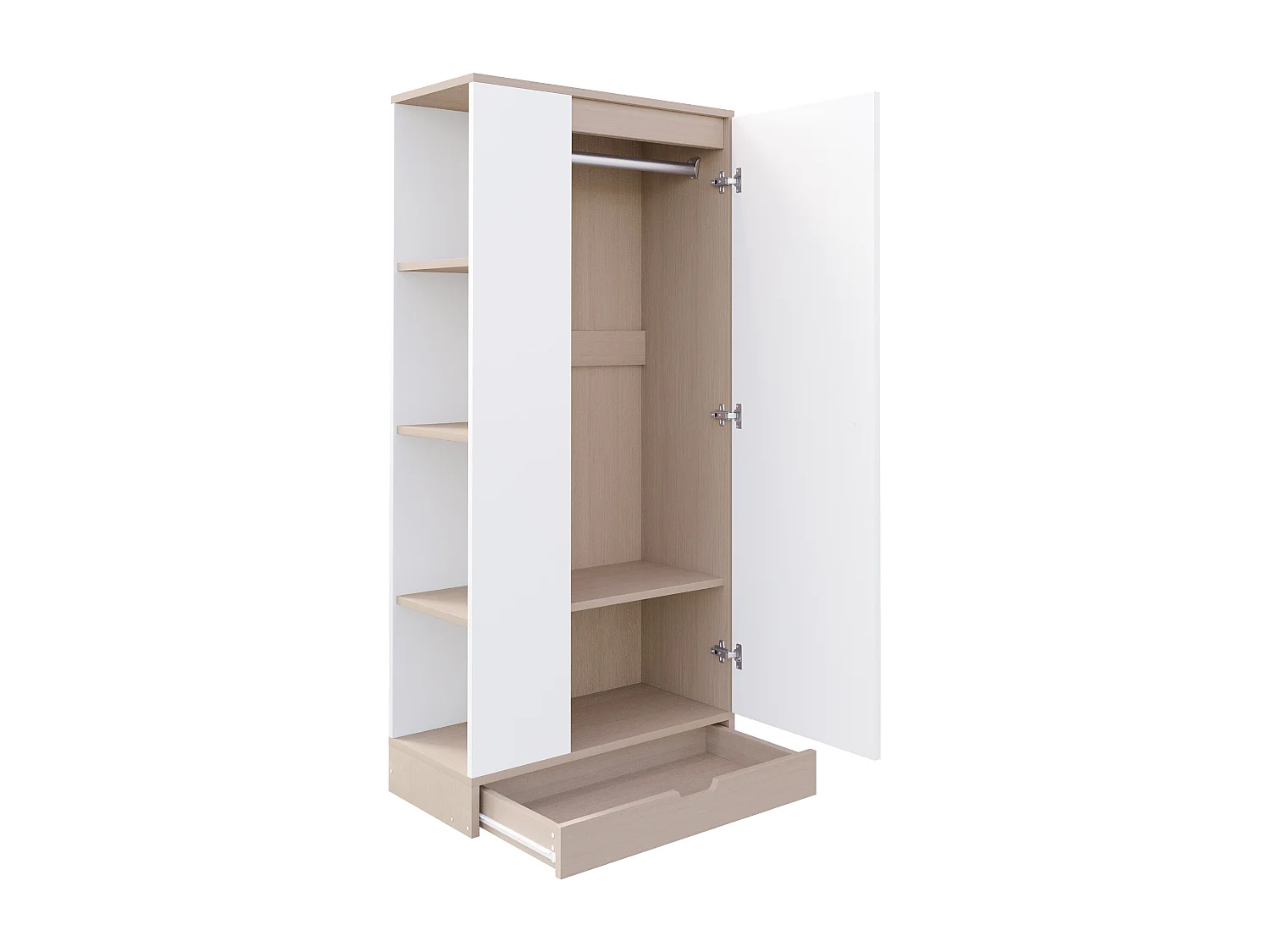 Armoire avec 1 porte + étagères de rangement + 1 tiroir - 70 x 40 x 170 cm - bois - blanc + naturel