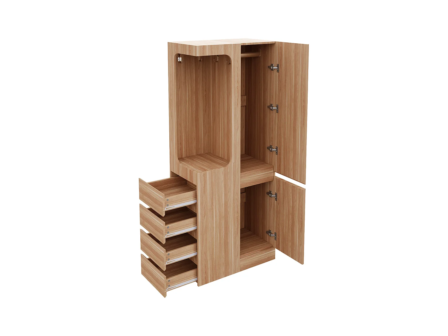Guarda-roupa com 4 gavetas e compartimentos de arrumação - espaço aberto para roupa - madeira - natural