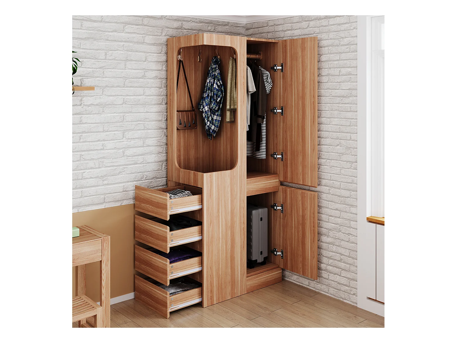 Armoire avec 4 tiroirs et compartiments de rangement - espace vêtements ouvert - bois - naturel