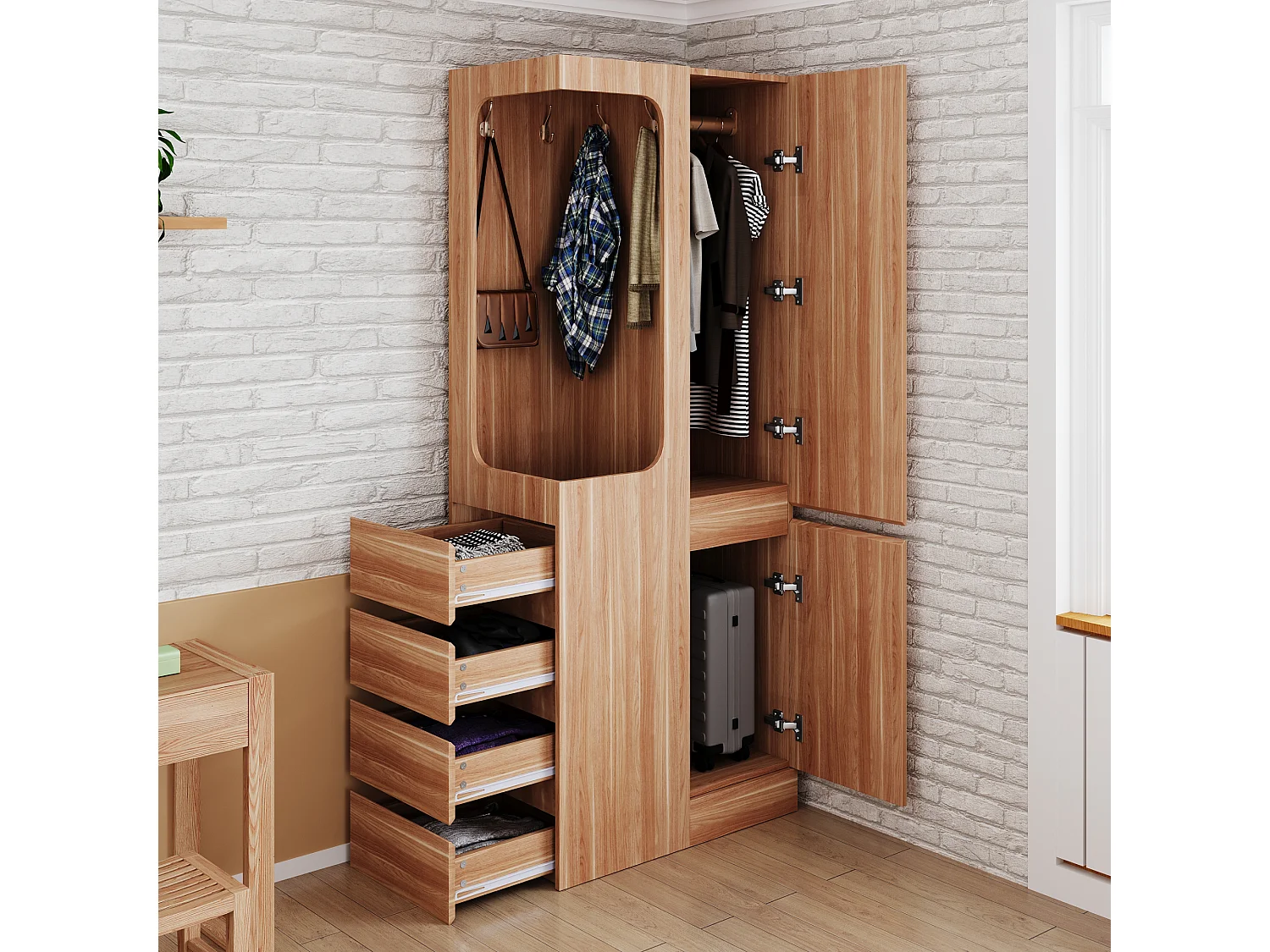 Armadio con 4 cassetti e vani portaoggetti - spazio aperto per i vestiti - legno - naturale