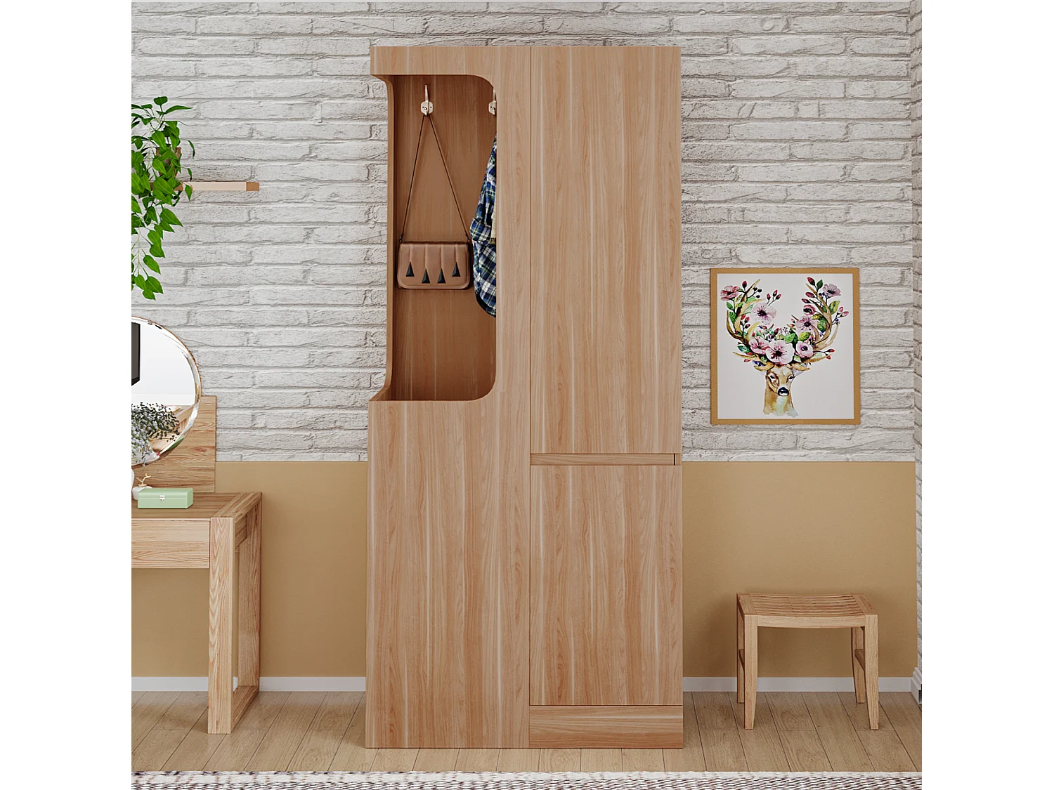 Armadio con 4 cassetti e vani portaoggetti - spazio aperto per i vestiti - legno - naturale