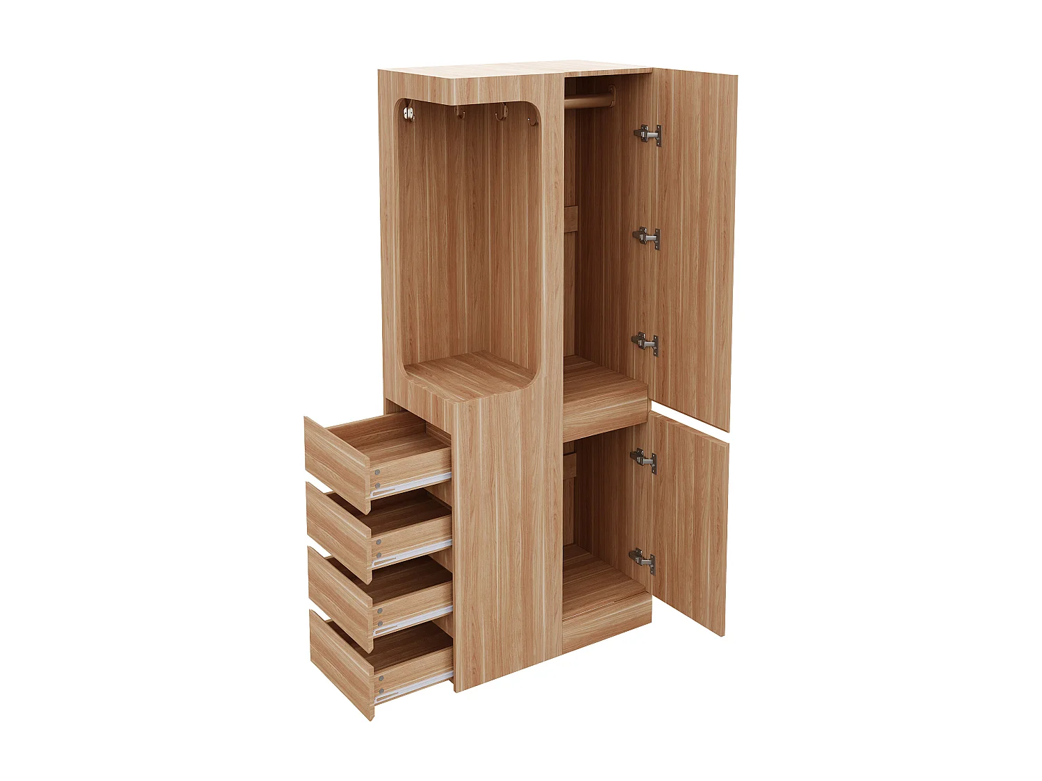 Armadio con 4 cassetti e vani portaoggetti - spazio aperto per i vestiti - legno - naturale