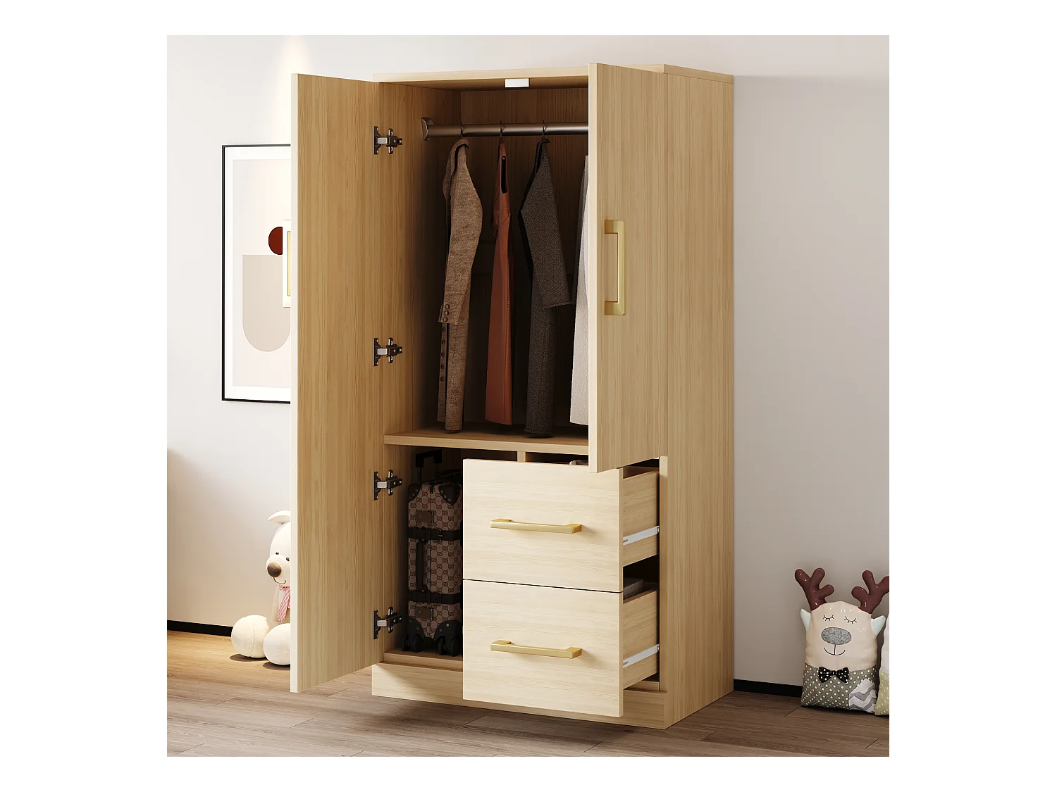 Armoire à 2 portes pour enfant avec 2 tiroirs et compartiments de rangement - 70 x 45 x 135 cm - bois - naturel
