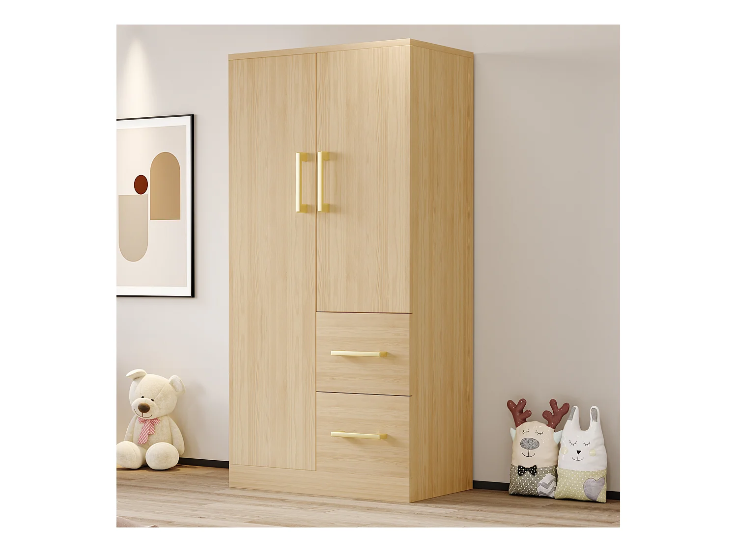 Kinderkleiderschrank 2-türig mit 2 Schubladen und Ablagefächern - 70 x 45 x 135 cm - Holz - Natur