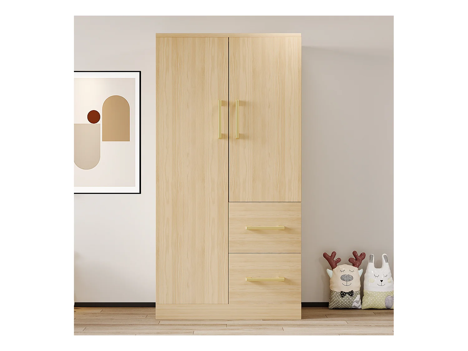 Kinderkleiderschrank 2-türig mit 2 Schubladen und Ablagefächern - 70 x 45 x 135 cm - Holz - Natur