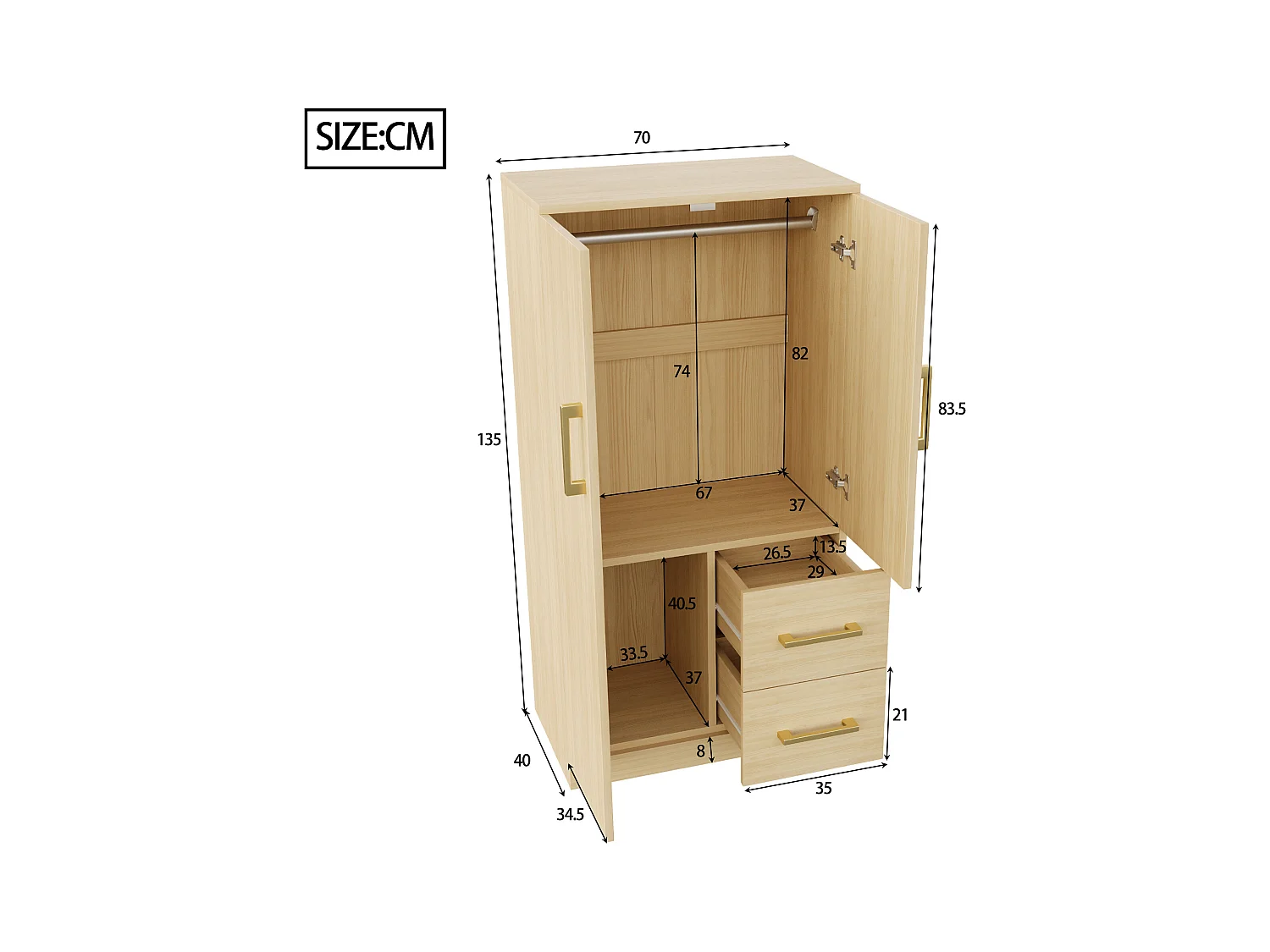Kinderkleiderschrank 2-türig mit 2 Schubladen und Ablagefächern - 70 x 45 x 135 cm - Holz - Natur