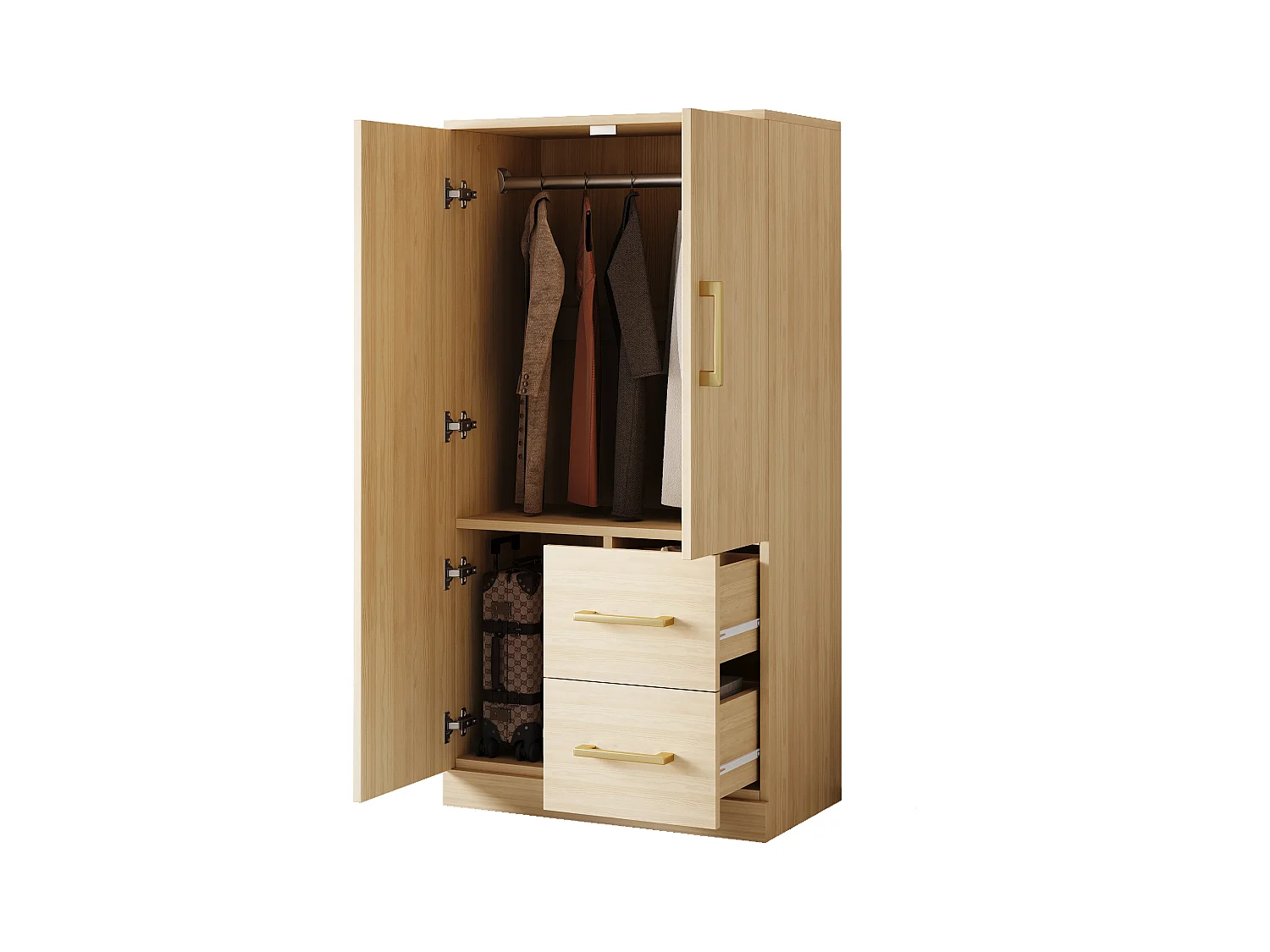 Kinderkleiderschrank 2-türig mit 2 Schubladen und Ablagefächern - 70 x 45 x 135 cm - Holz - Natur