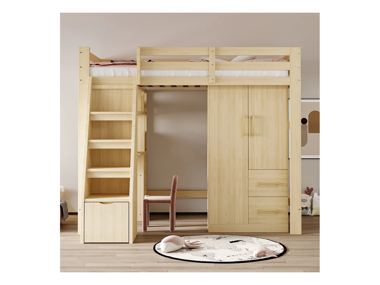 Kinderkleiderschrank 2-türig mit 2 Schubladen und Ablagefächern - 70 x 45 x 135 cm - Holz - Natur