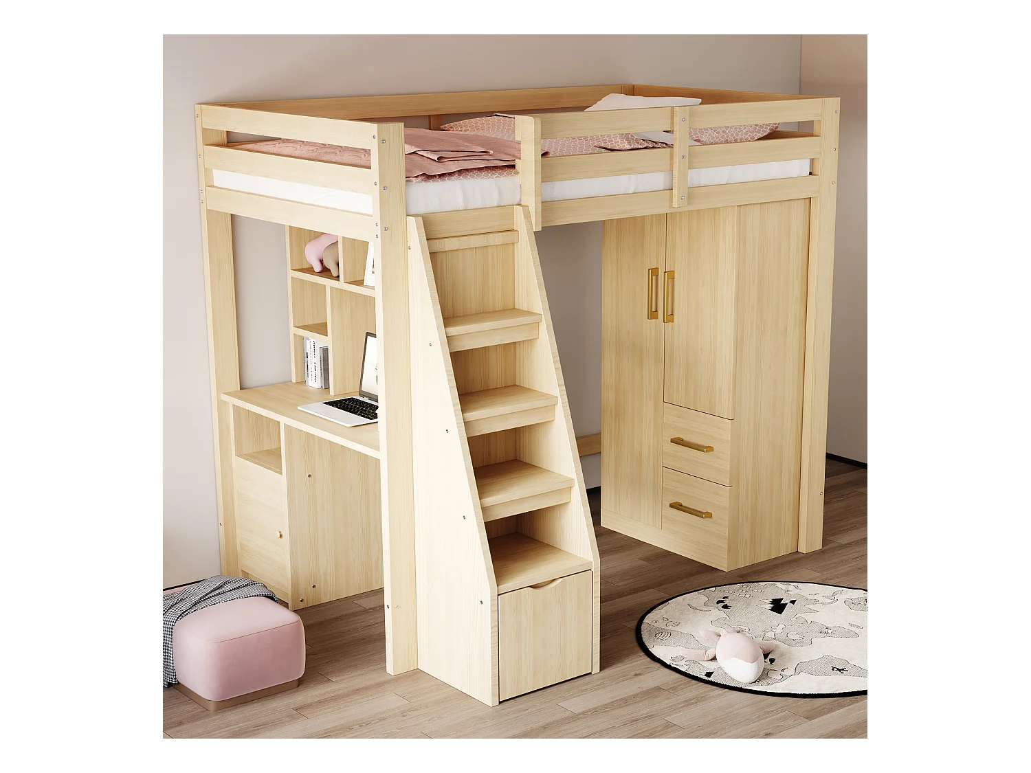 Kinderkleiderschrank 2-türig mit 2 Schubladen und Ablagefächern - 70 x 45 x 135 cm - Holz - Natur
