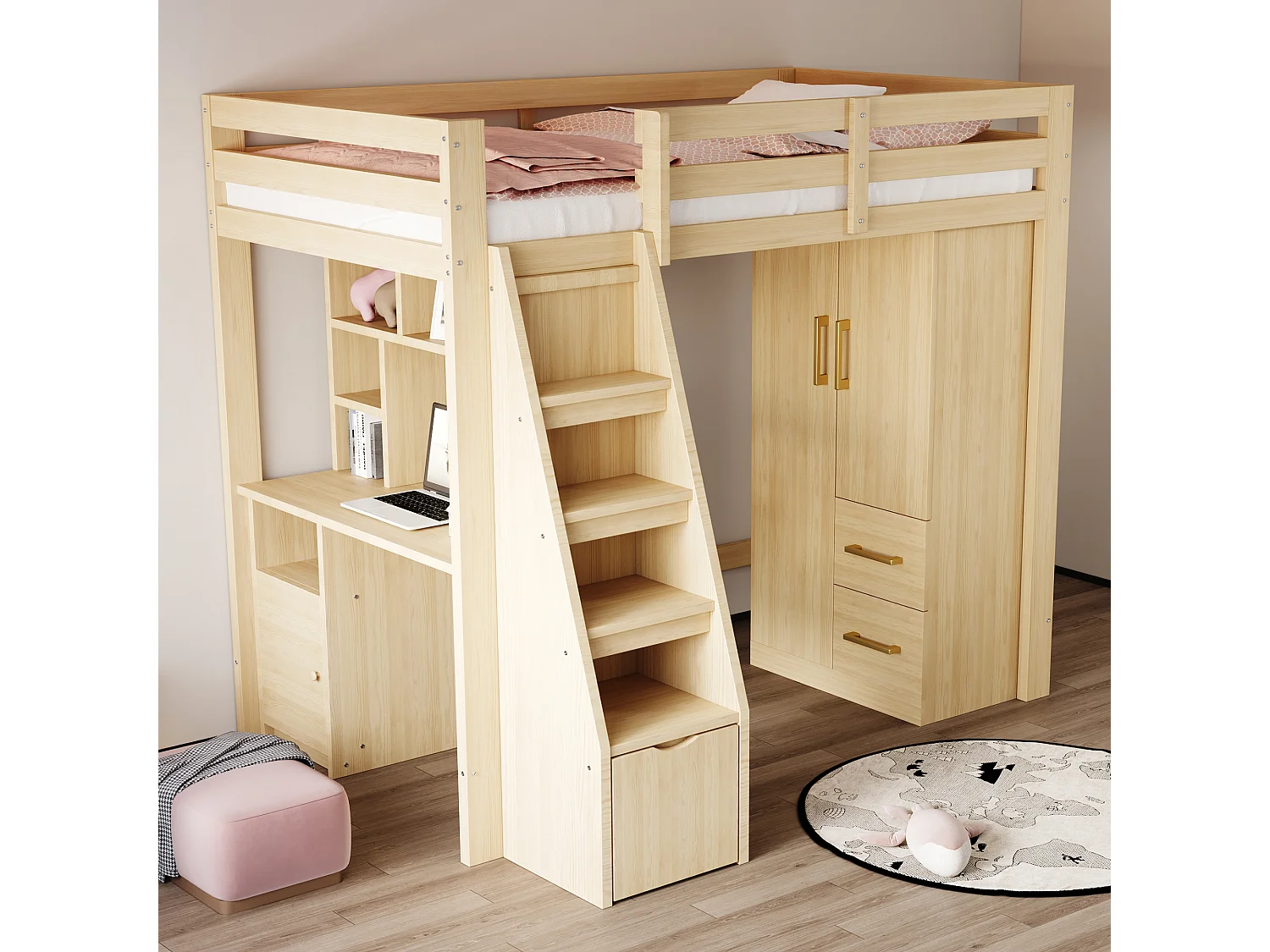 Armoire à 2 portes pour enfant avec 2 tiroirs et compartiments de rangement - 70 x 45 x 135 cm - bois - naturel