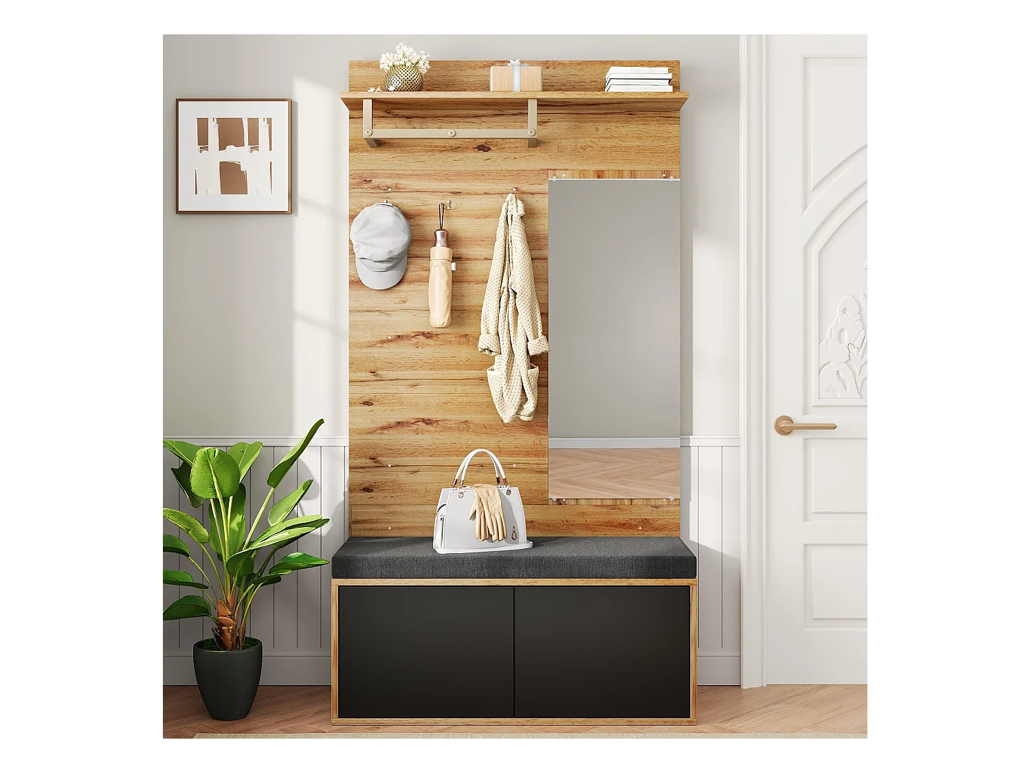 Komplet szafy z lustrem i poduszkami + półka - 100 x 38 x 190 cm - płyta wiórowa - czarny