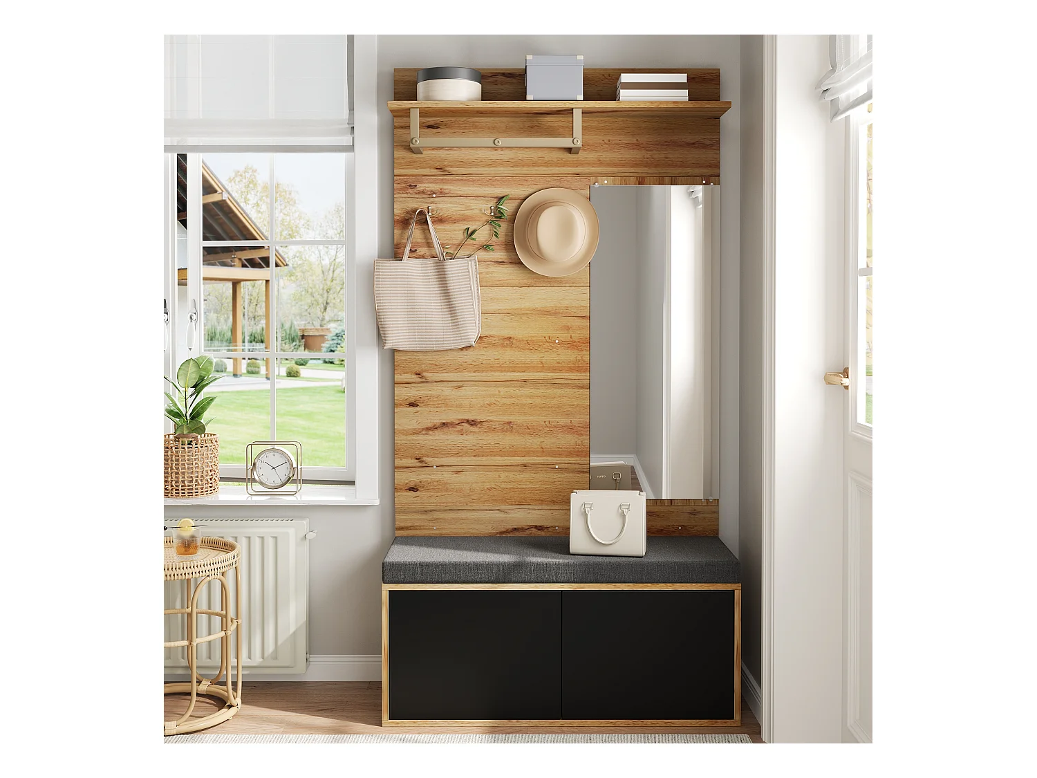 Komplet szafy z lustrem i poduszkami + półka - 100 x 38 x 190 cm - płyta wiórowa - czarny