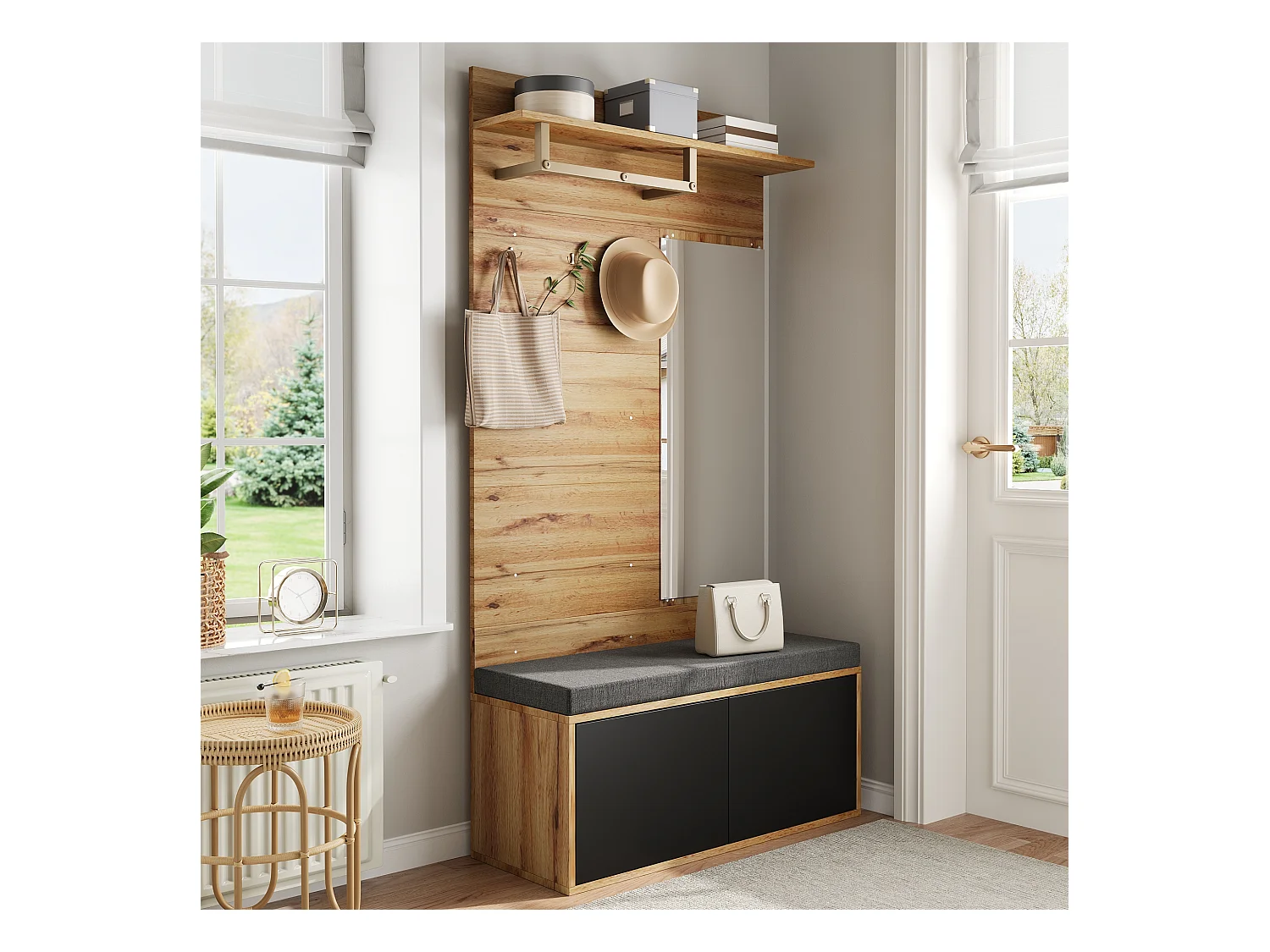 Komplet szafy z lustrem i poduszkami + półka - 100 x 38 x 190 cm - płyta wiórowa - czarny