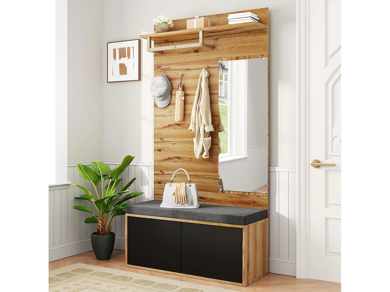 Set guardaroba con specchio e cuscini + mensola - 100 x 38 x 190 cm - truciolato - nero