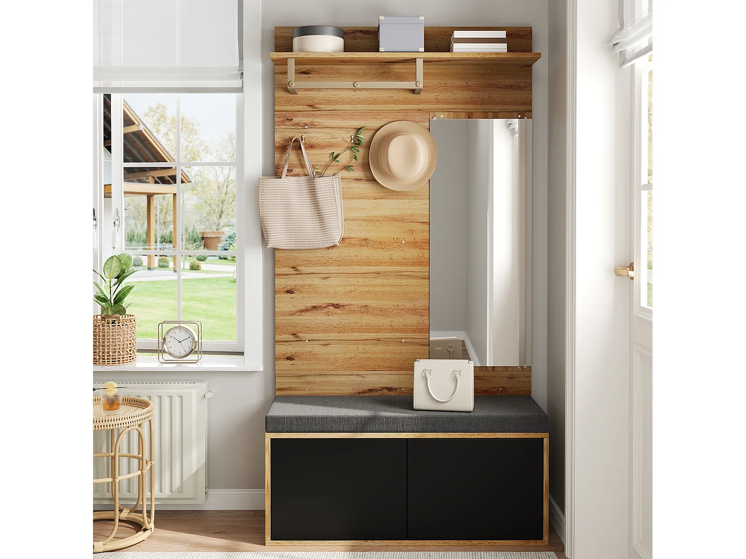 Set guardaroba con specchio e cuscini + mensola - 100 x 38 x 190 cm - truciolato - nero