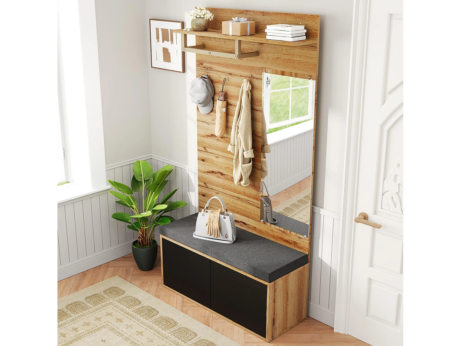 Set guardaroba con specchio e cuscini + mensola - 100 x 38 x 190 cm - truciolato - nero