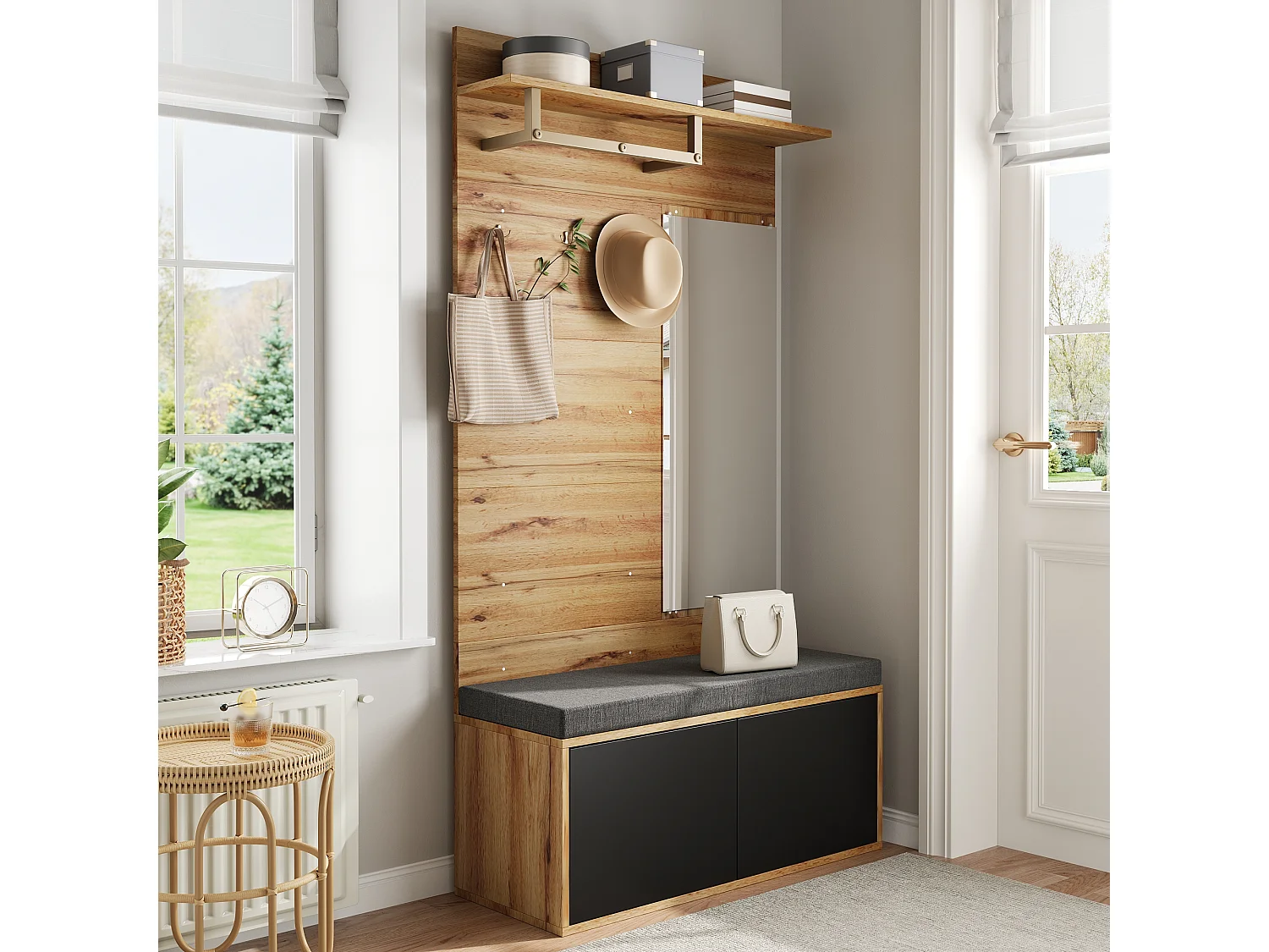 Set guardaroba con specchio e cuscini + mensola - 100 x 38 x 190 cm - truciolato - nero