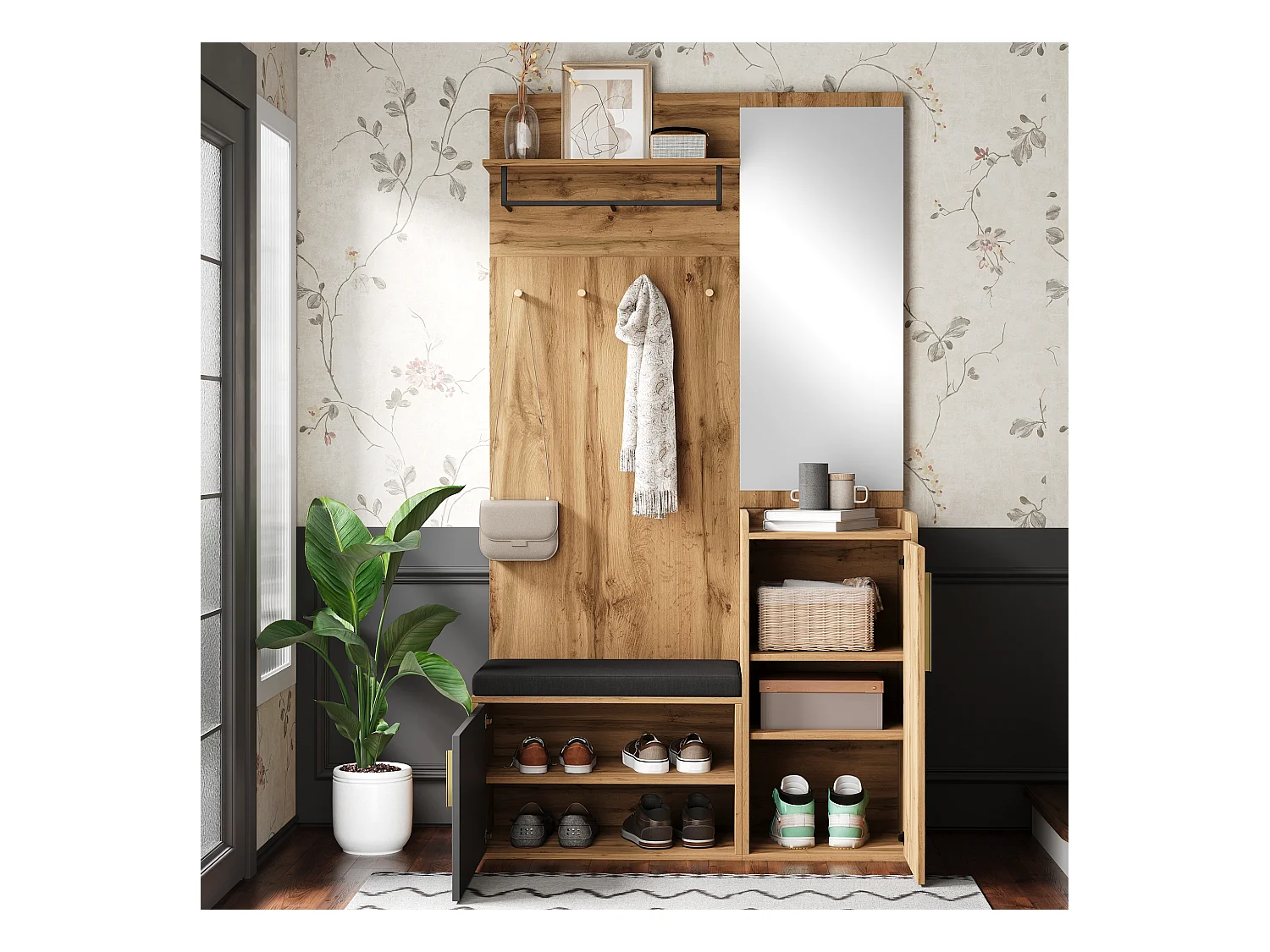 Szafka z lustrem + ławką + półką na buty i wieszakami - 100 x 38 x 185 cm - płyta wiórowa - naturalna