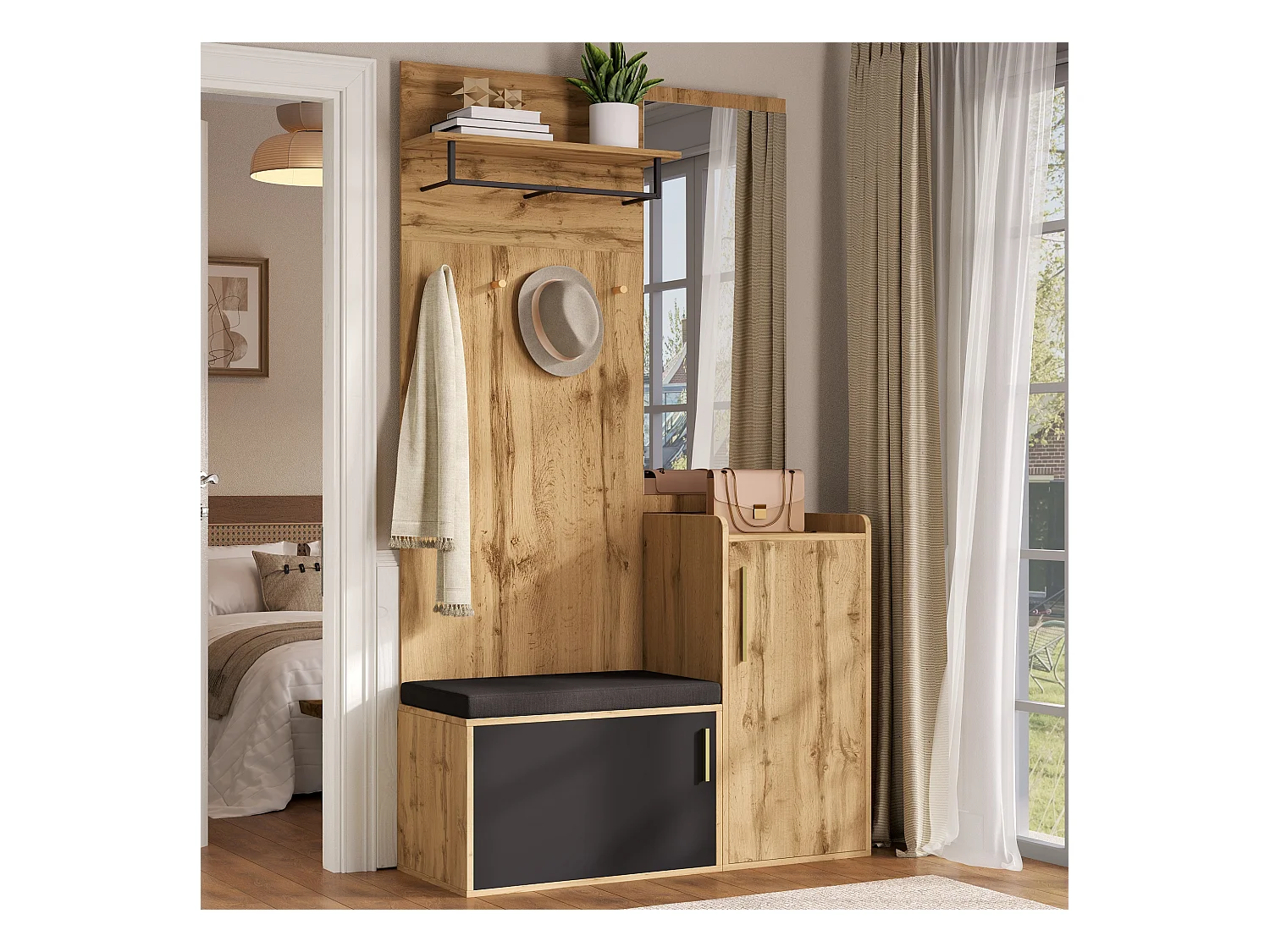 Szafka z lustrem + ławką + półką na buty i wieszakami - 100 x 38 x 185 cm - płyta wiórowa - naturalna