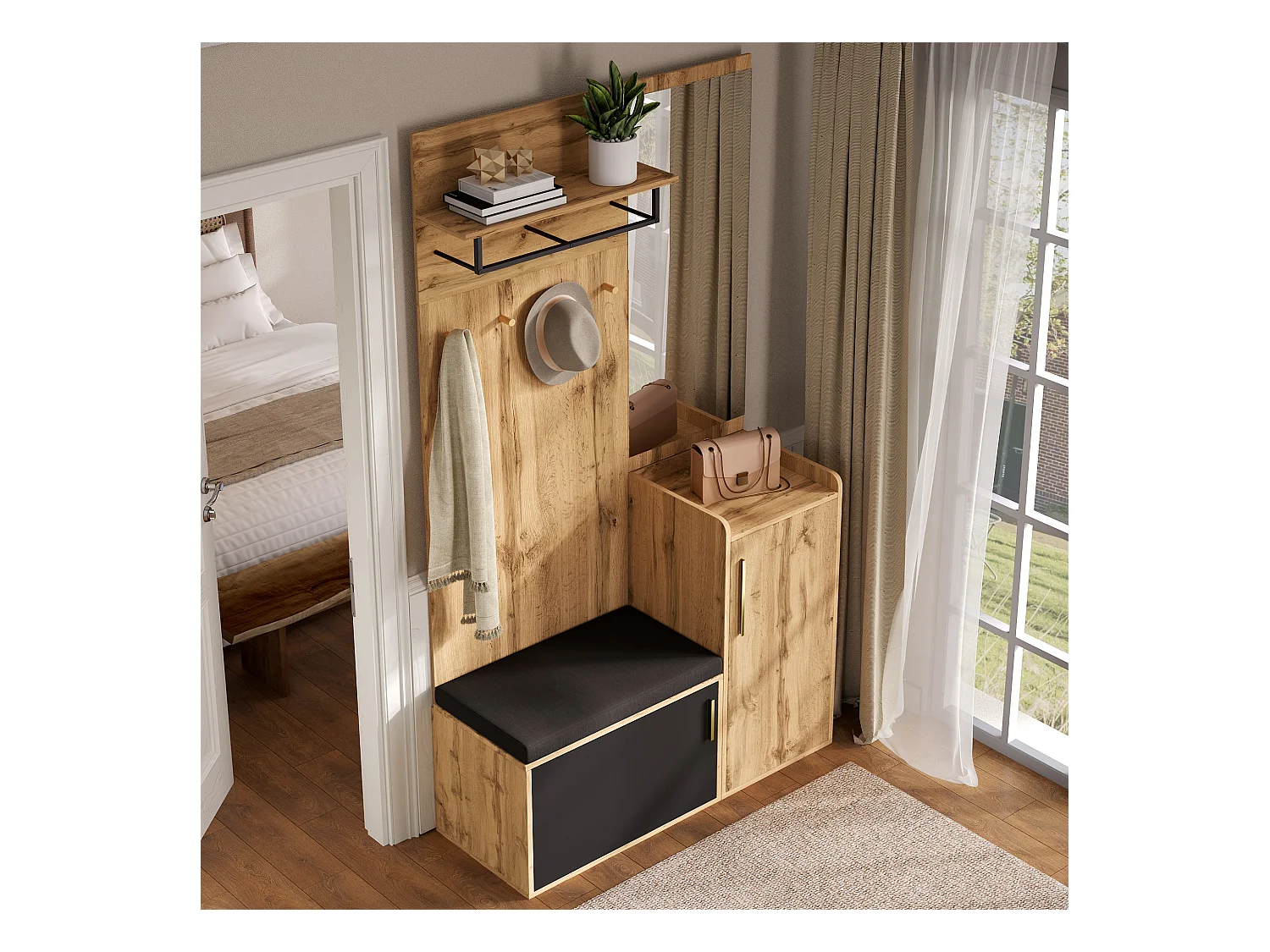 Szafka z lustrem + ławką + półką na buty i wieszakami - 100 x 38 x 185 cm - płyta wiórowa - naturalna