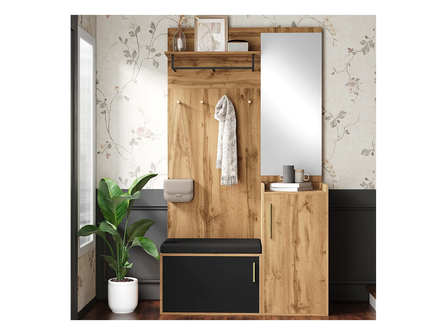 Szafka z lustrem + ławką + półką na buty i wieszakami - 100 x 38 x 185 cm - płyta wiórowa - naturalna