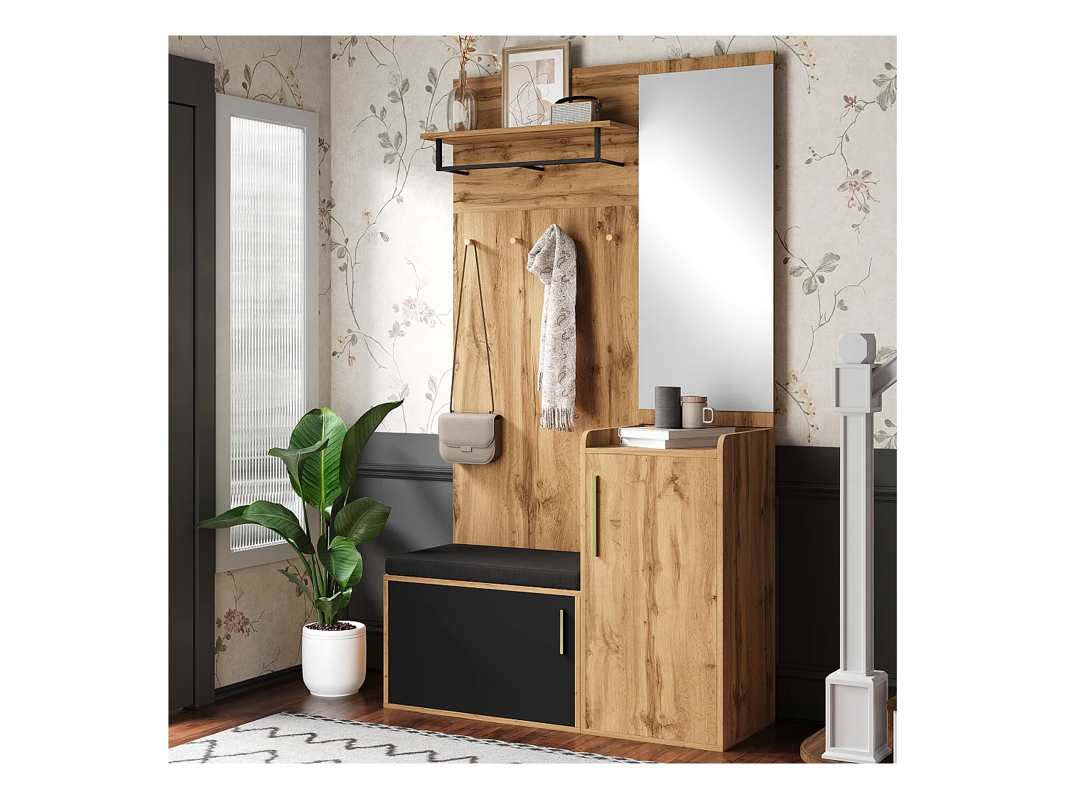 Szafka z lustrem + ławką + półką na buty i wieszakami - 100 x 38 x 185 cm - płyta wiórowa - naturalna