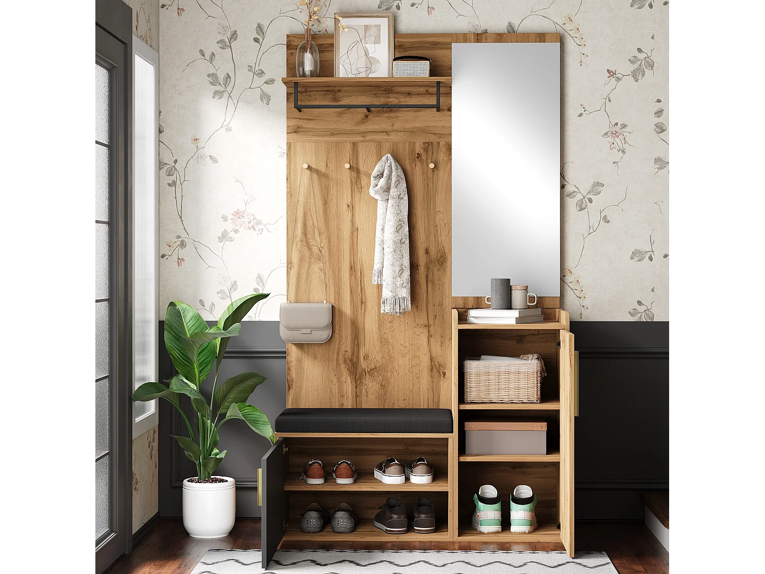 Vestiaire avec miroir + banc + meuble à chaussures et crochets - 100 x 38 x 185 cm - aggloméré - naturel