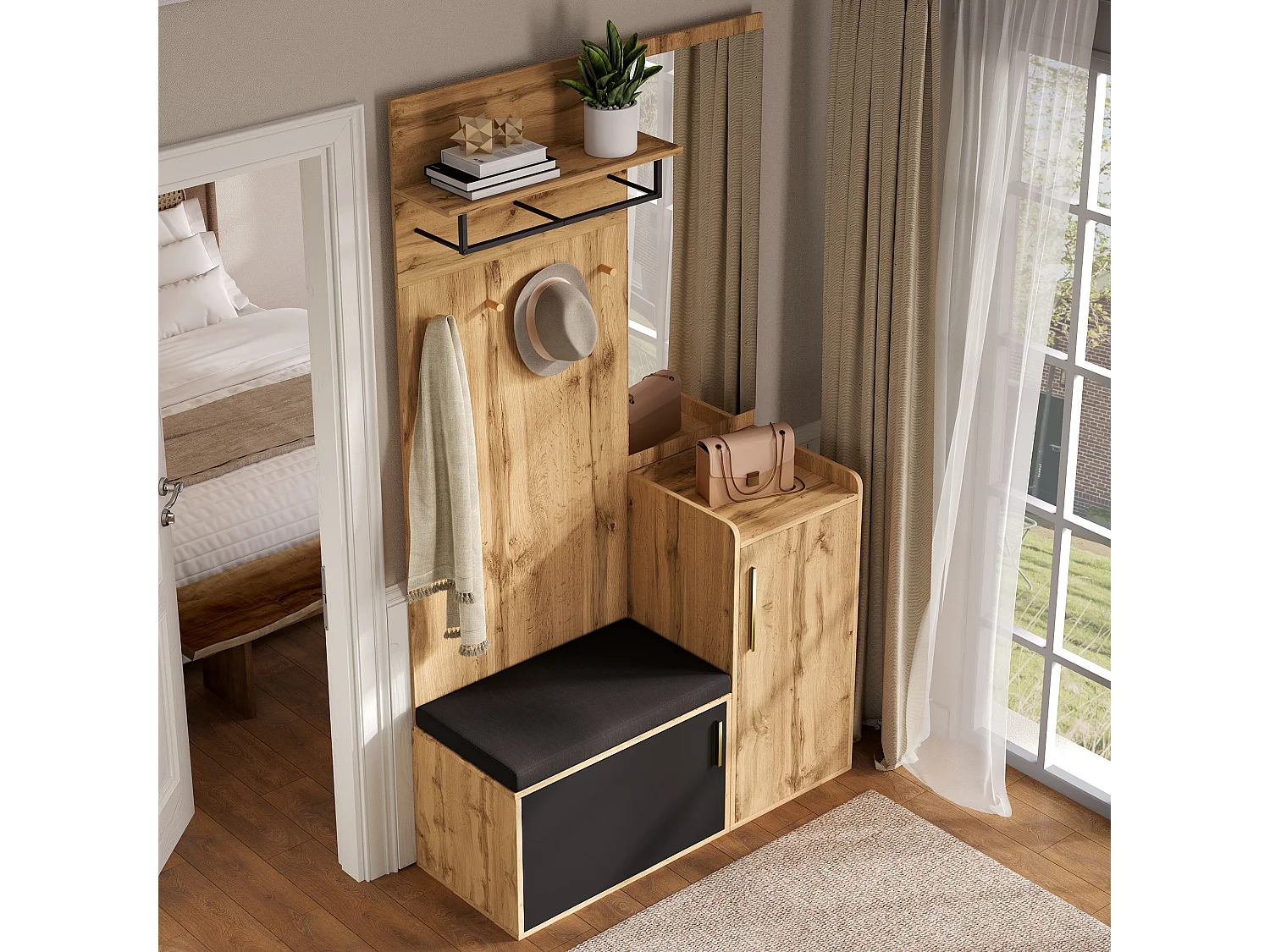 Vestiaire avec miroir + banc + meuble à chaussures et crochets - 100 x 38 x 185 cm - aggloméré - naturel