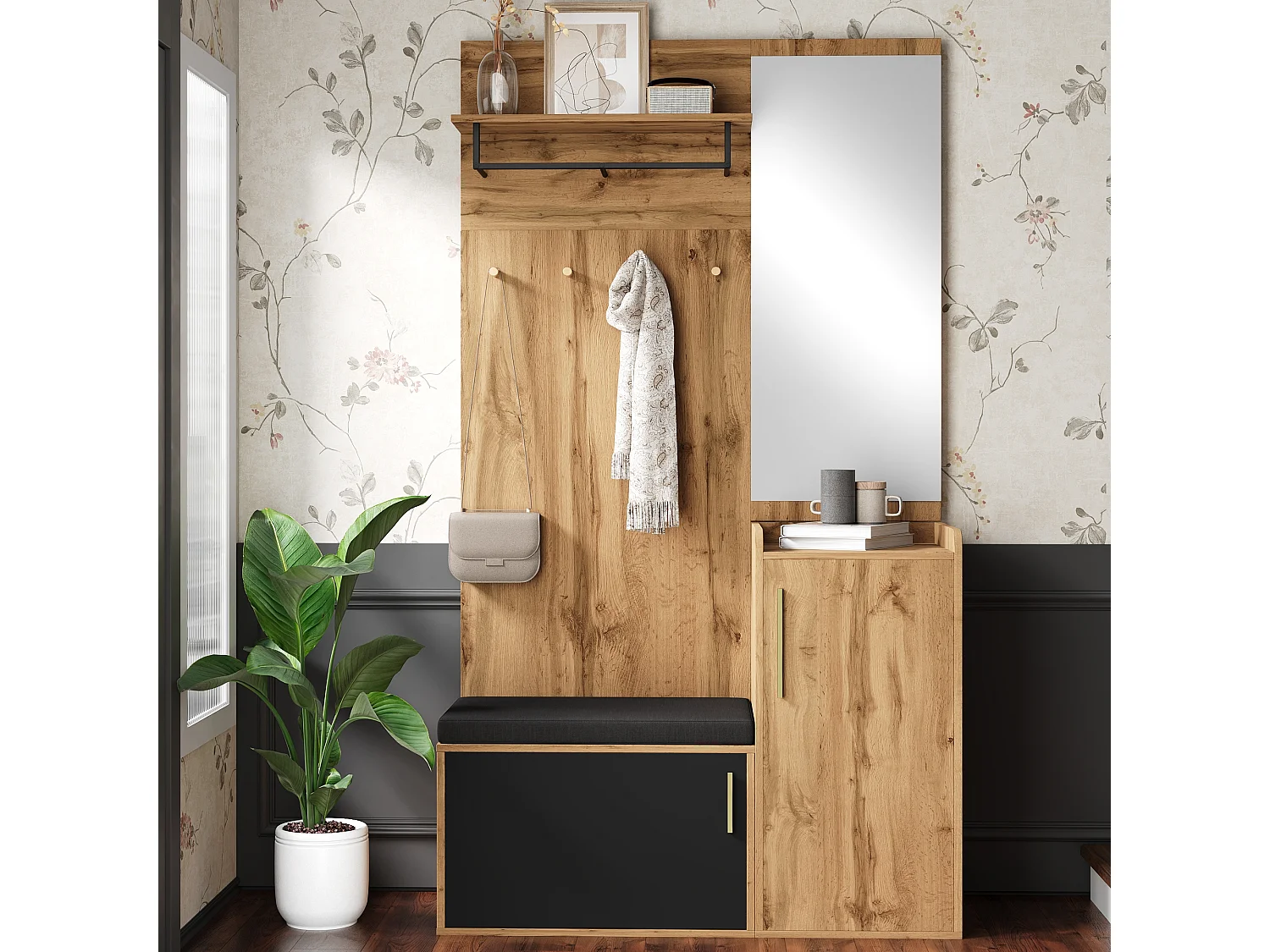 Vestiaire avec miroir + banc + meuble à chaussures et crochets - 100 x 38 x 185 cm - aggloméré - naturel