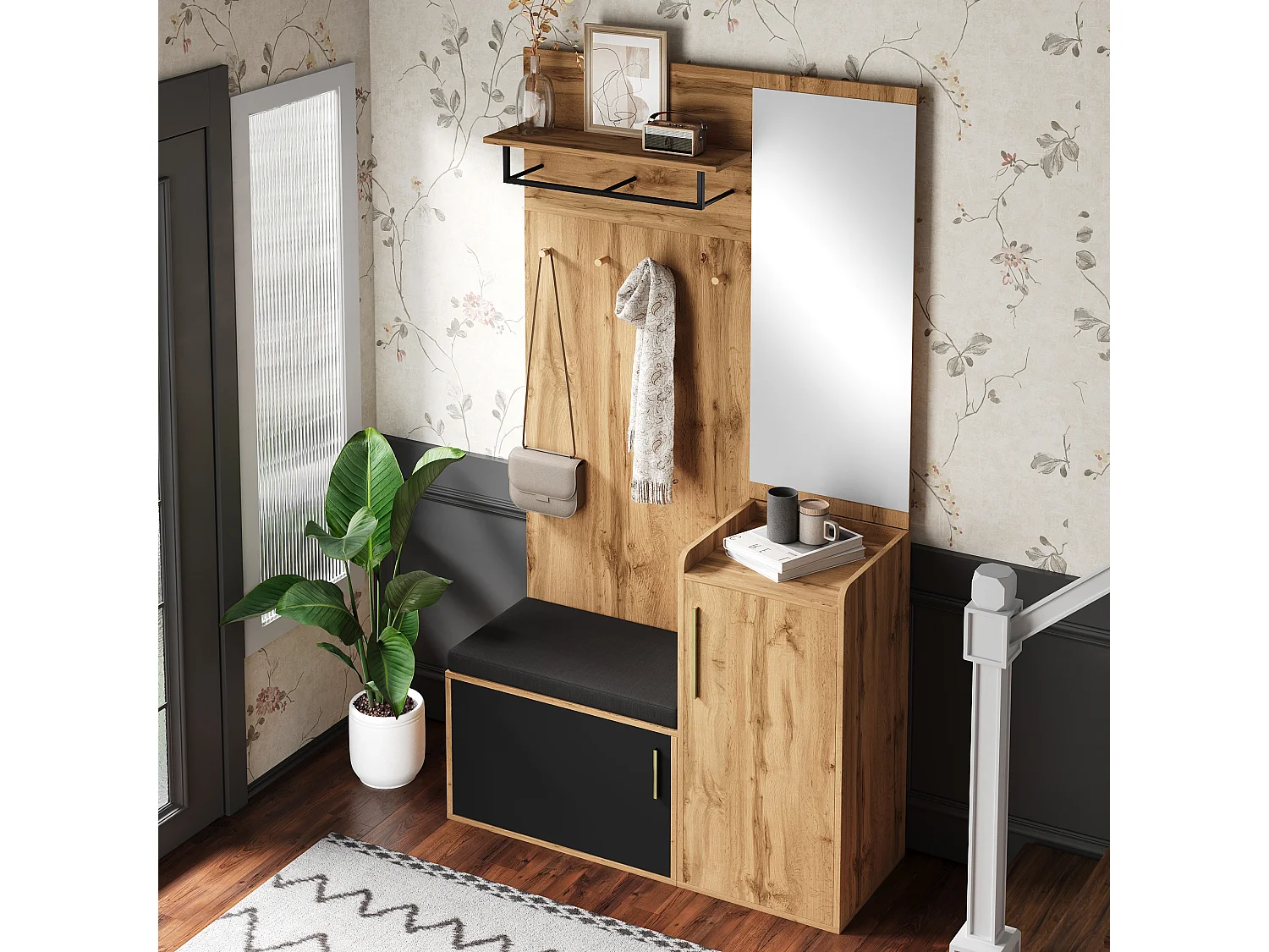 Vestiaire avec miroir + banc + meuble à chaussures et crochets - 100 x 38 x 185 cm - aggloméré - naturel